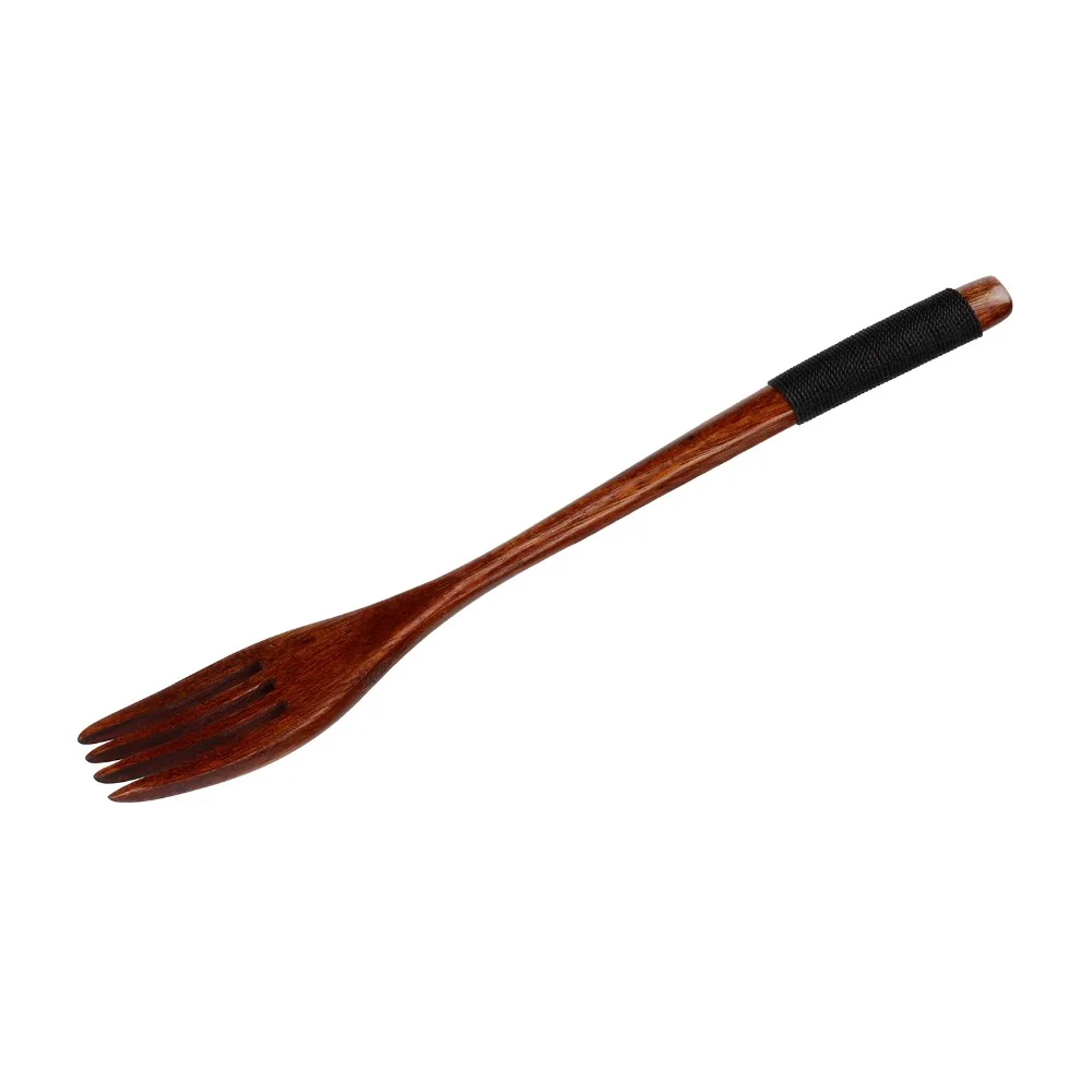 2Pcs Reusable Wood Fruit Fork Smooth Polished Black Line Handle Serving Fork Solid Practical Cooking Fork Food Turning