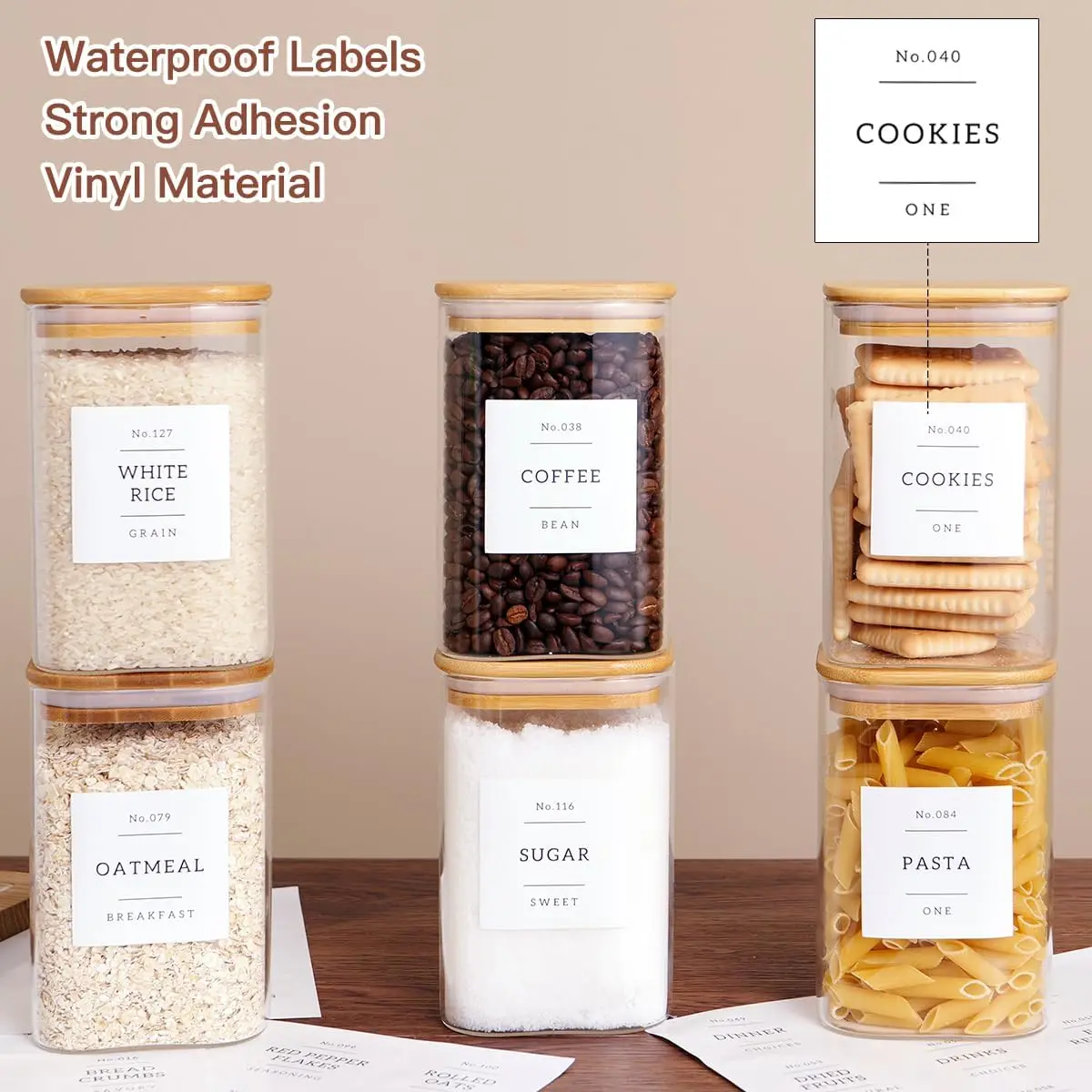 6 Pack Square Kitchen Storage Jars with Airtight Bamboo Lids and 132 Labels - 35oz Glass Canisters for Coffee, Tea, Spice view 3
