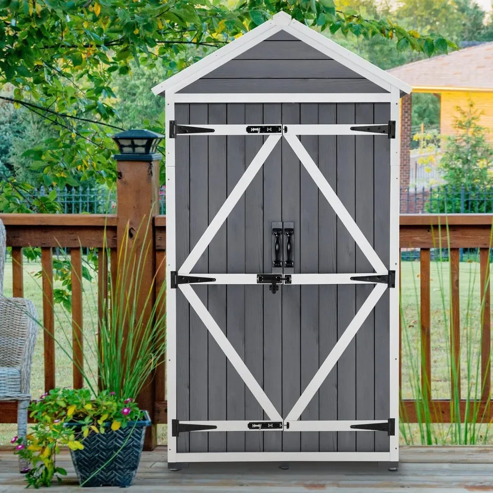 Outdoor Storage Cabinet, Garden Wood Tool Shed, Outside Wooden Shed Closet with Shelves and Latch for Yard