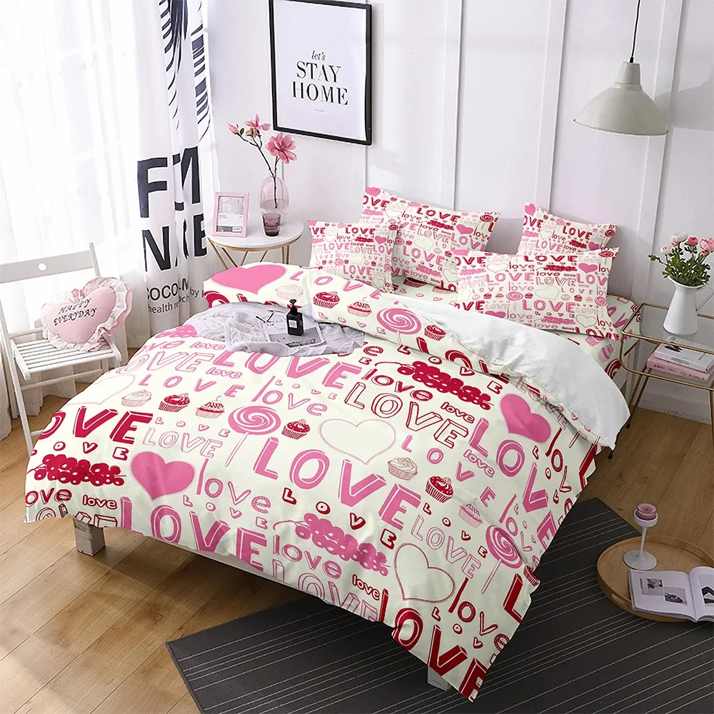 Love Heart Duvet Cover Twin Queen Size Cartoon Love Geometric Comforter Cover Romantic Valentine Day Bedding Set for Girls Teens