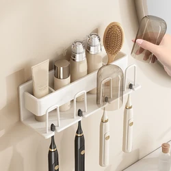 Metal Toothbrush Rack Multi-Function Toothbrush Holder Punch-Free Toothpaste Holder Wall-Mounted Bathroom Storage Box white