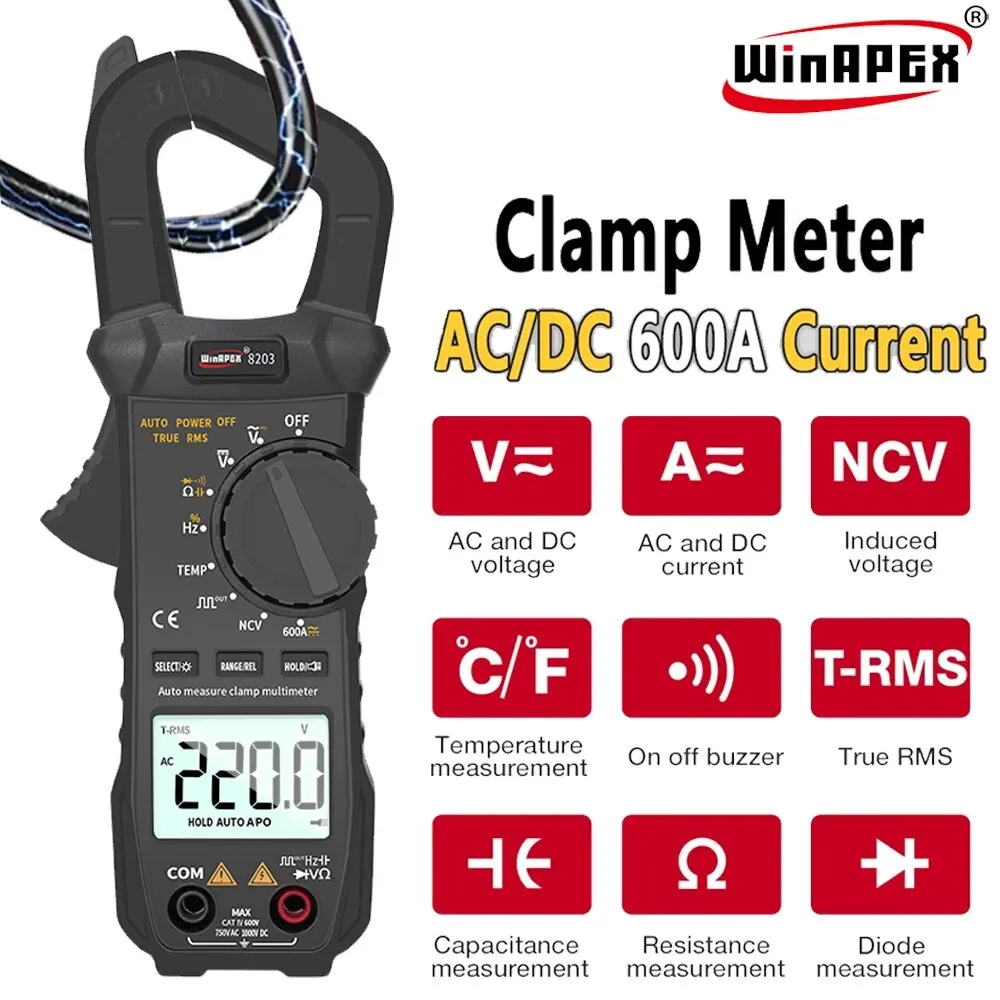 WINAPEX ET8203 600A AC DC Pocket Clamp Meter 6000 Counts Digital Multimeter Current Voltage Resistance Diode Temp Buzzer Test