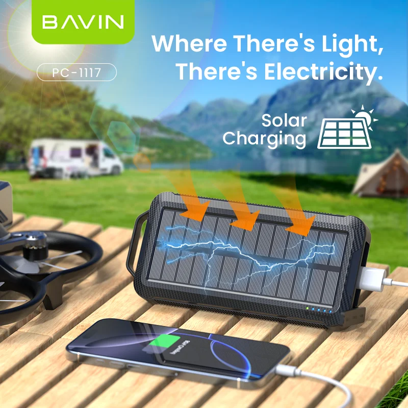 BAVIN المحمولة قوة البنك PC1117 10000mah ليثيوم بوليمر لوحات البطارية السفر شحن سريع بنك الطاقة الشمسية مع كابل إضاءة LED