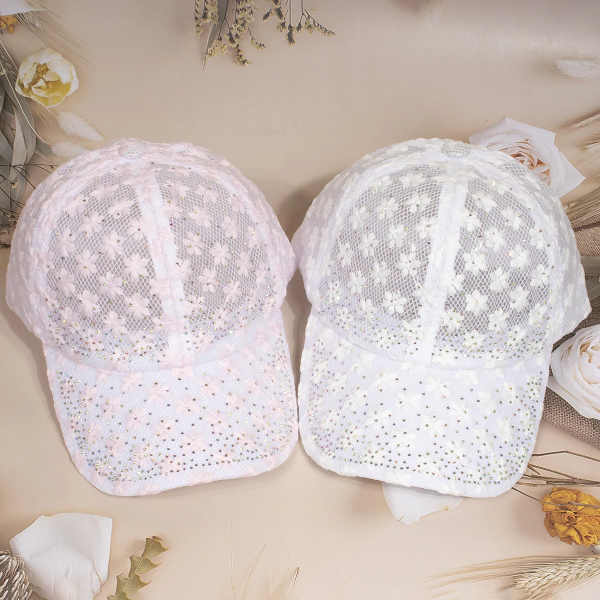 Shiny Rhinestone Lace Flower Baseball Cap Hollow out  display picture 2