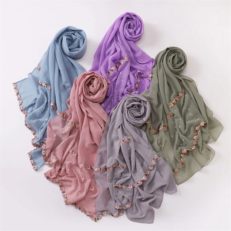 Rhinestone Polka Floral Bubble Chiffon Hijab Ramadan Beads Scarves Shawls Women Sunscreen Headscarf Outdoor Windproof Head Wrap