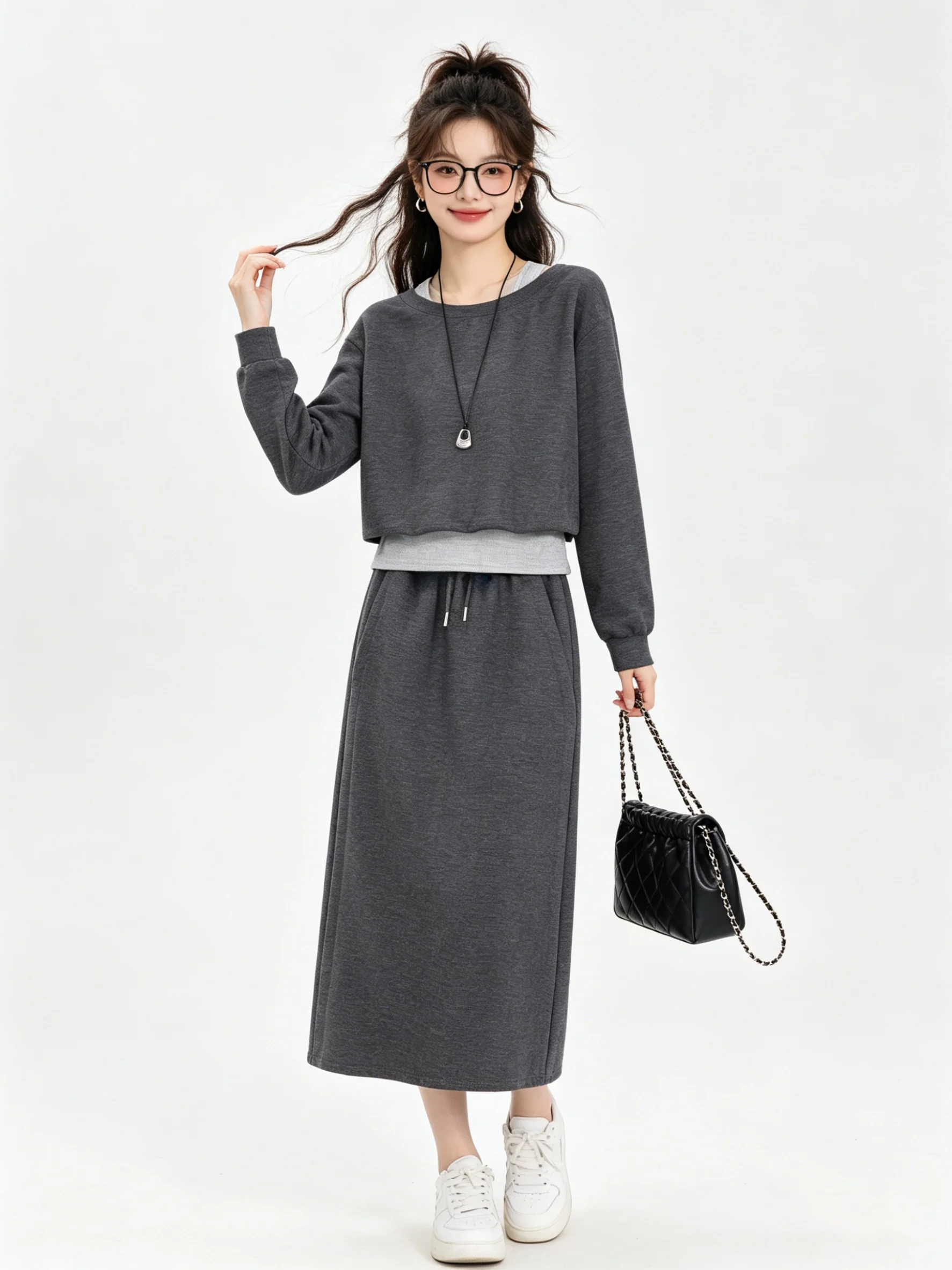 Fashionable Retro Korean Style High Waist Slit Color Block Sweater And  Skirt Set Breathable Casual Spring Outfit for Women