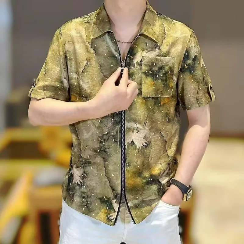 

Luxury Summer Tie Dye Short Sleeved Shirt Men Zipper Casual Business Loose Shirts Ice Silk Breathable Social Street Wear Shirt