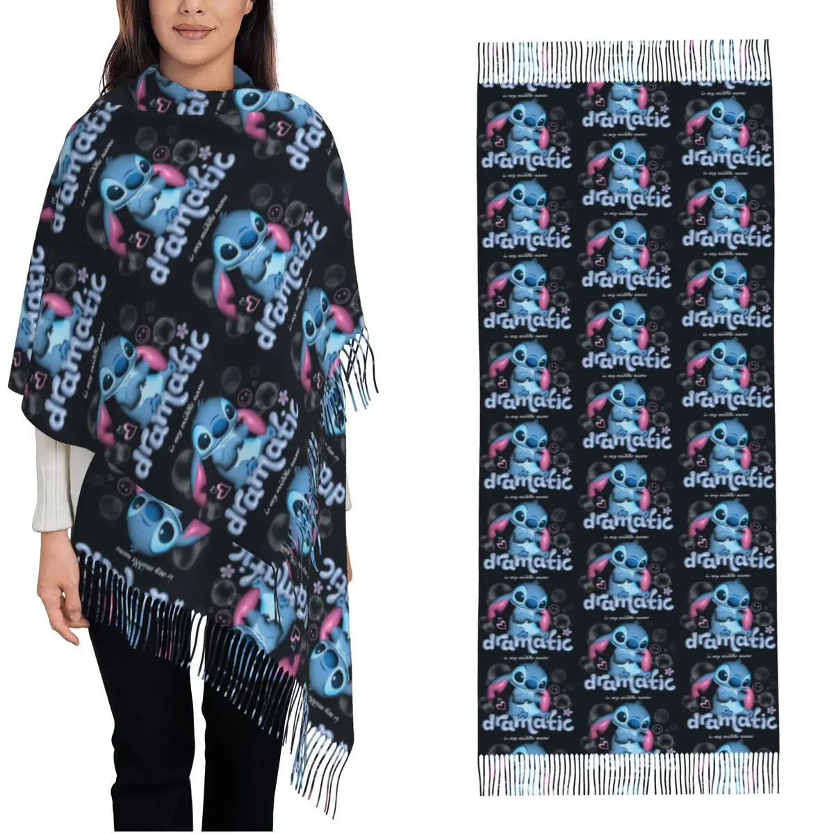 

Женский теплый шарф Lilo Stitch Bubble Pop Dramatic Is My Middle Large с длинными кисточками, шаль-накидка, осенний буфанда