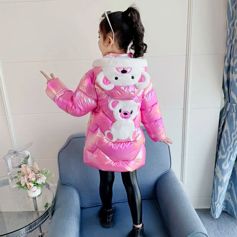 Girls Long Winter Down Jacket Cute Bear Coats for Girls Parkas Fashion Bright Hooded Children Waterproof Outerwear 6 8 10 Years