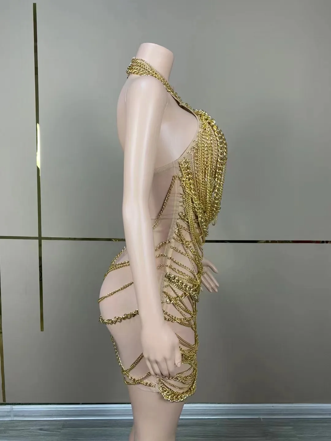 Sexy Luxury Dress Women Shiny Gold Chain Dress Silver Stage Talent Performance Dress Birthday Celebration Party Dance Dress