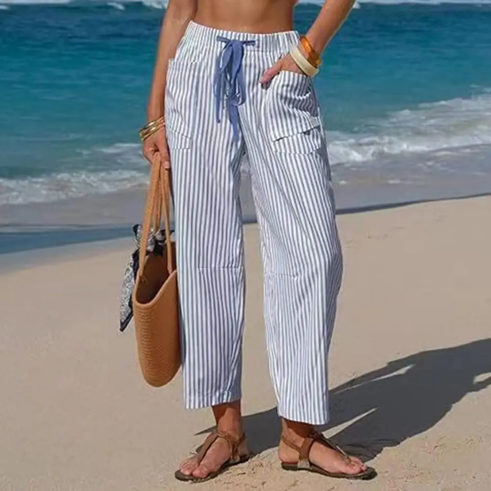 

Lightweight Women Trousers Summer Pants for Women Wide Leg Trousers with Elastic Drawstring Waist Striped Print for Everyday
