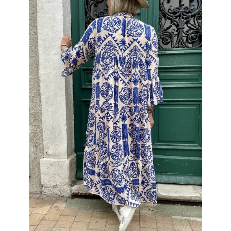 Women\'s Oversized Geometric Printed Pattern Loose Long Dress V-neck Street Casual Long Sleeved Loose Oversized Long Dress