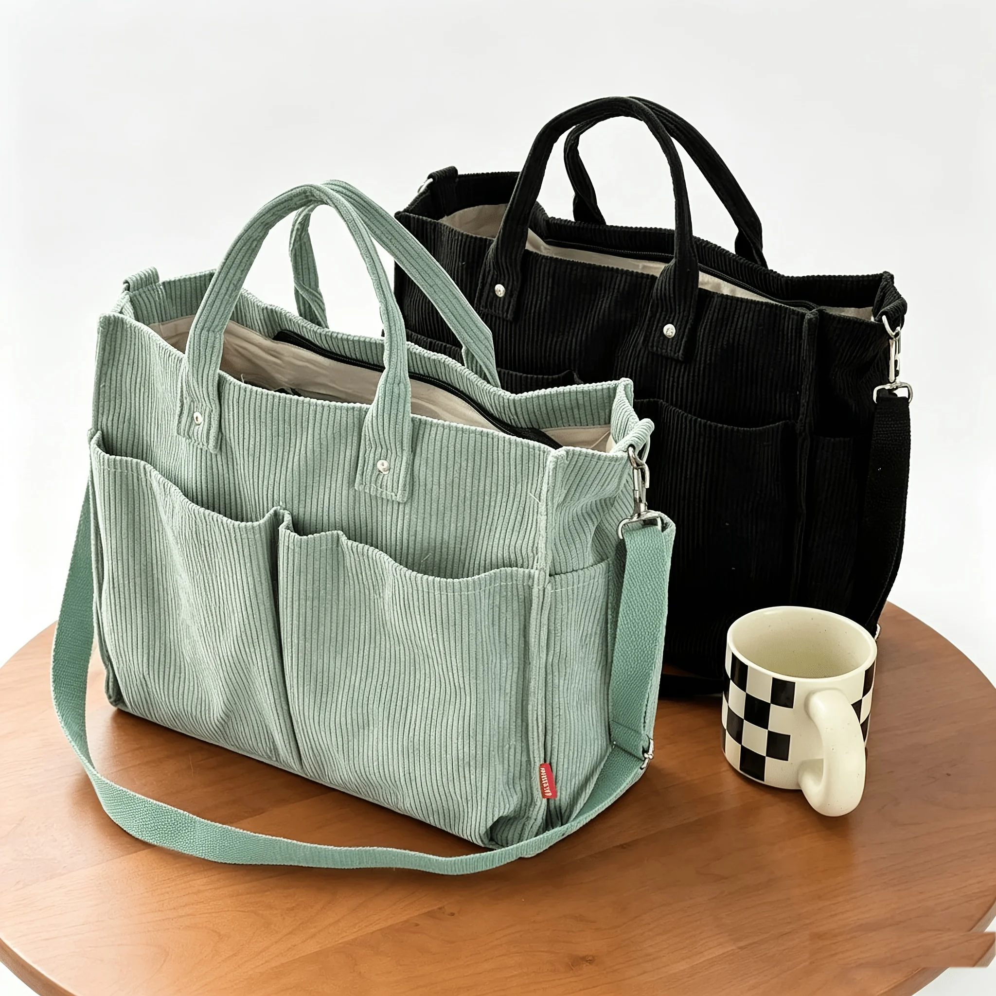 [Thickened Corduroy Tote Bag Multi-Pocket] Chic Corduroy Tote Bag for Women -Multi-Pocket, Thickened Design with Striped Pattern