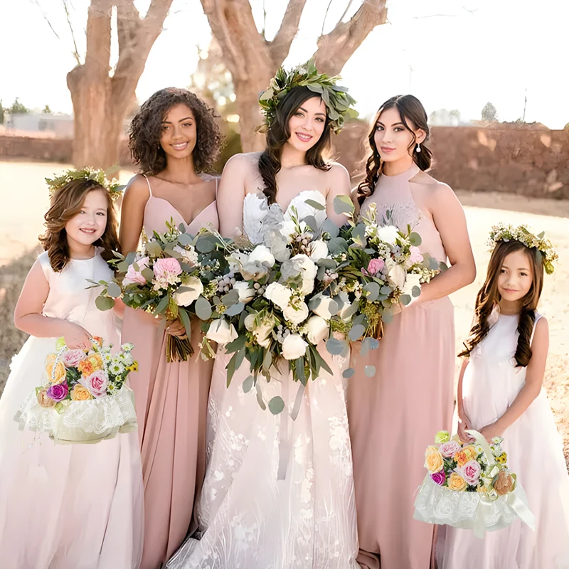 1 cesta de flores para dama de honor de boda, cesta de flores de encaje con rosas y perlas, cesta de flores de satén para ceremonia de boda, iglesia