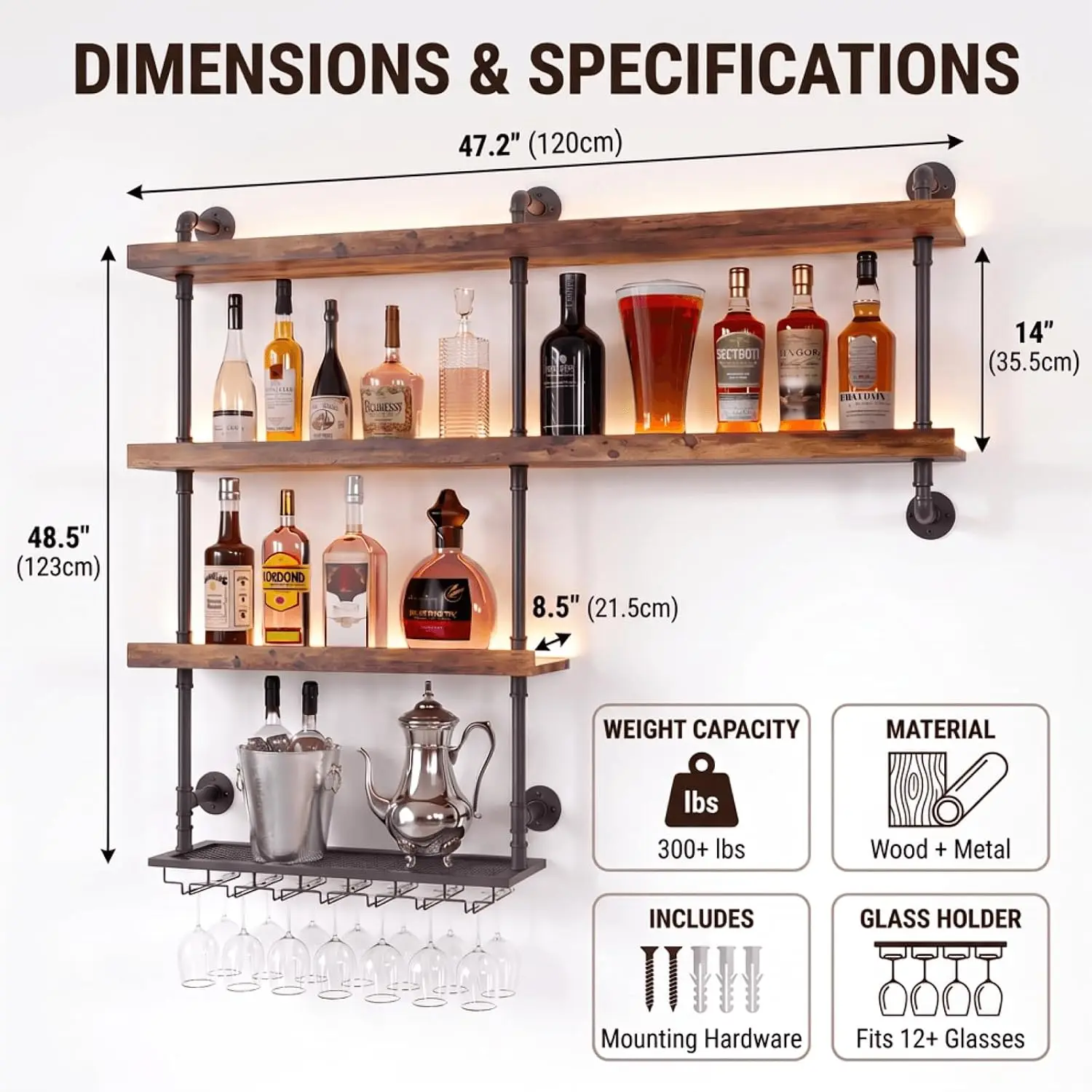 Wine Rack, 4-Tier Wall Mounted with Lights, 47.2-Inch