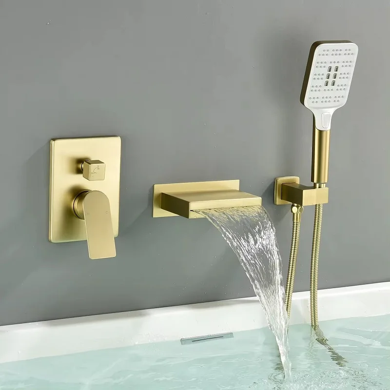 

Luxury Brushed gold Brass hot cold waterfall bathtub faucet 3 hole wall mounted tub shower faucet with brass bathtub spout,Black