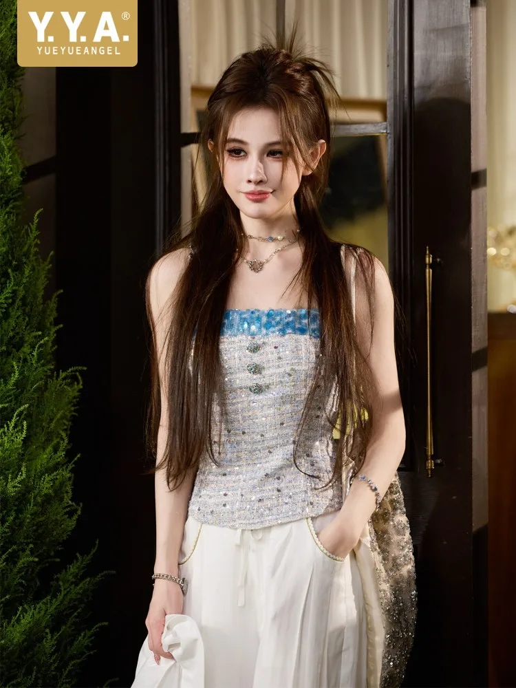 Spring Summer Female Square Collar Sequins Slim Camisole Ladies Diamond Tanks Camis Sweet Suspenders Straps Sleeveless Tops