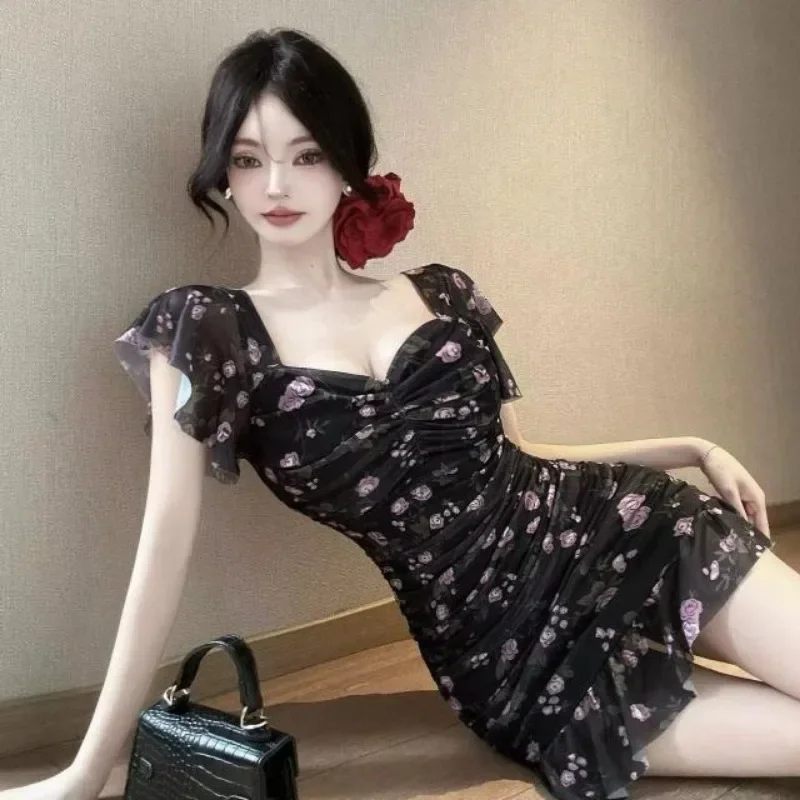 Impressão floral mini vestidos primavera verão sexy babados pescoço quadrado vestidos mujer moda coreana bodycon vestido feminino