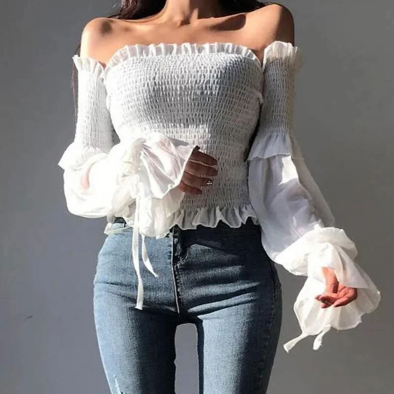 Off Shoulder Fashion Pleated Bow Blouse 2024 Spring Women Long Sleeve Cropped Tops Solid Color Ladies Shirt Lace Up Corset 12813