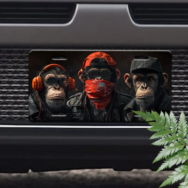 Fun Three Monkeys 6x12 Inch Aluminum License Plate - Retro Car Front Plate with Headphones & Bandanas Design
