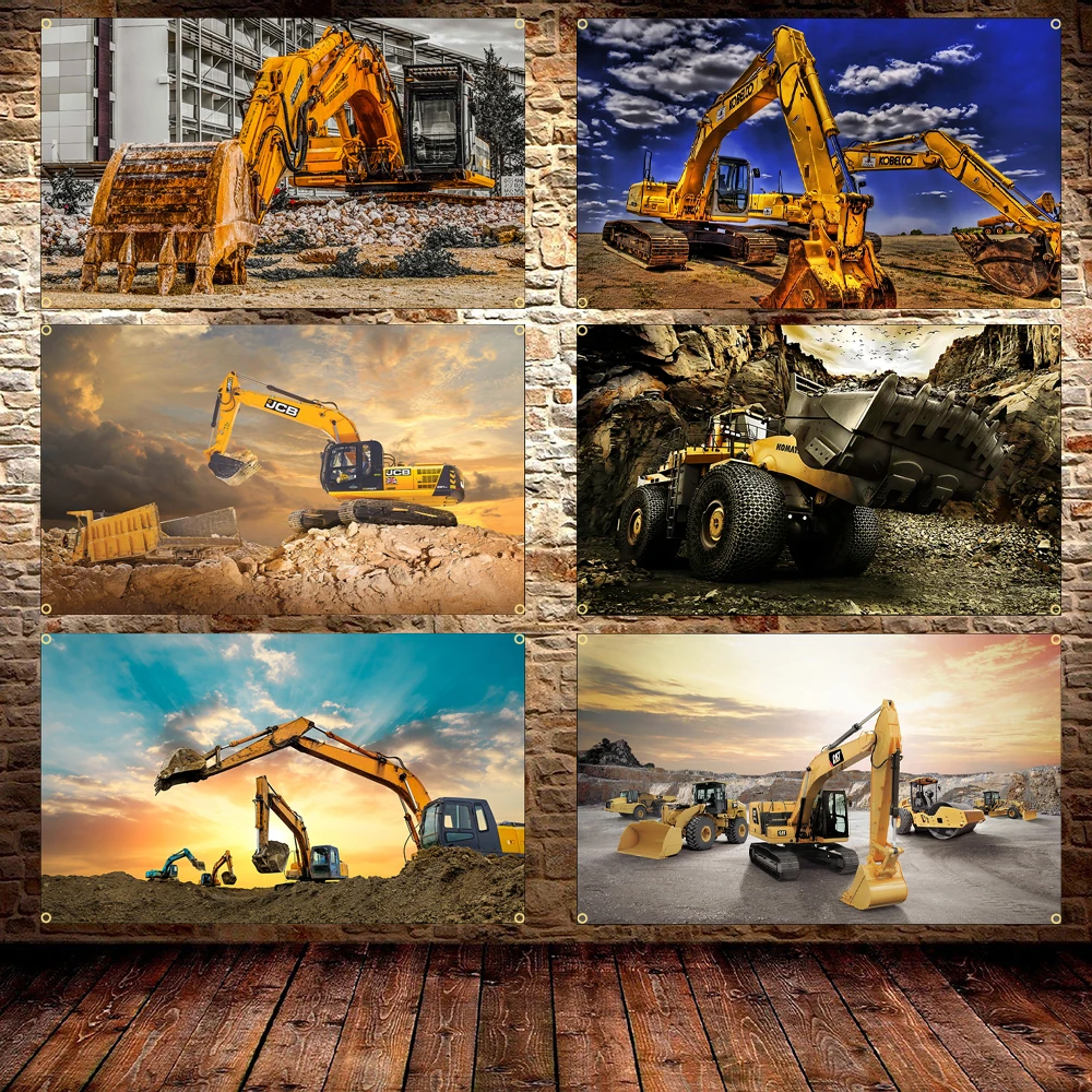 60X90CM 90X150CM Excavator Poster Flag Polyester Printing Heavy Equipment Poster Banner For Decor Tapestry