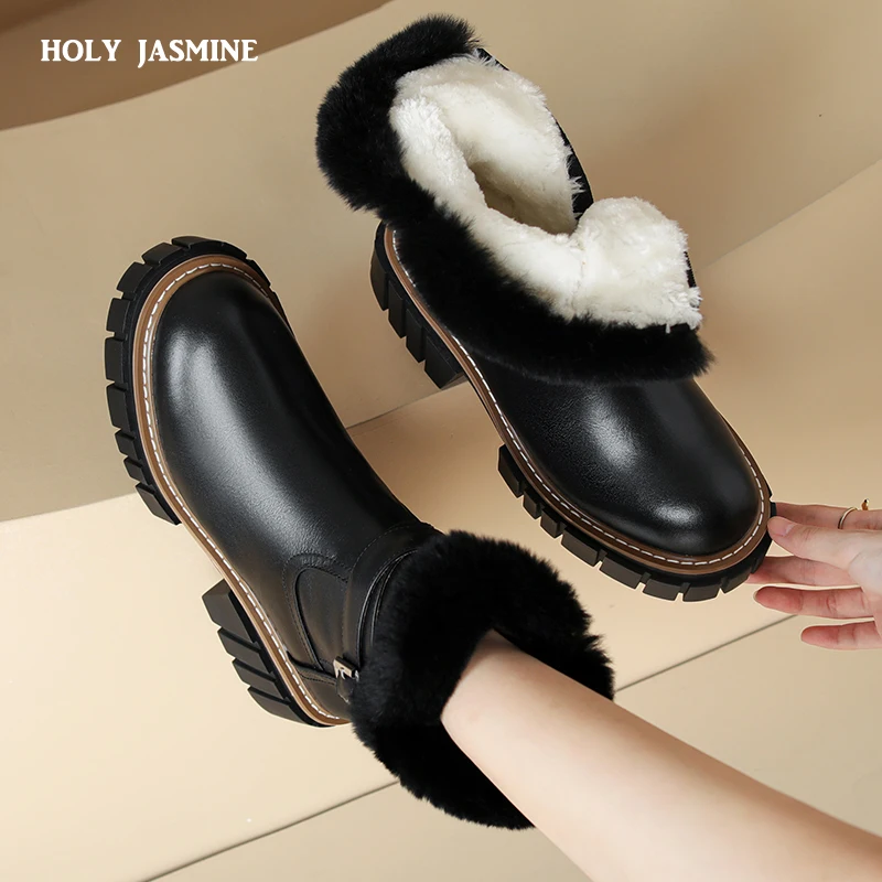 2023 New High Quality Genuine Leather Women Ankle Boots Wool Snow Boots Winter Warm Working Casual Thick Heels Zip Shoes Woman