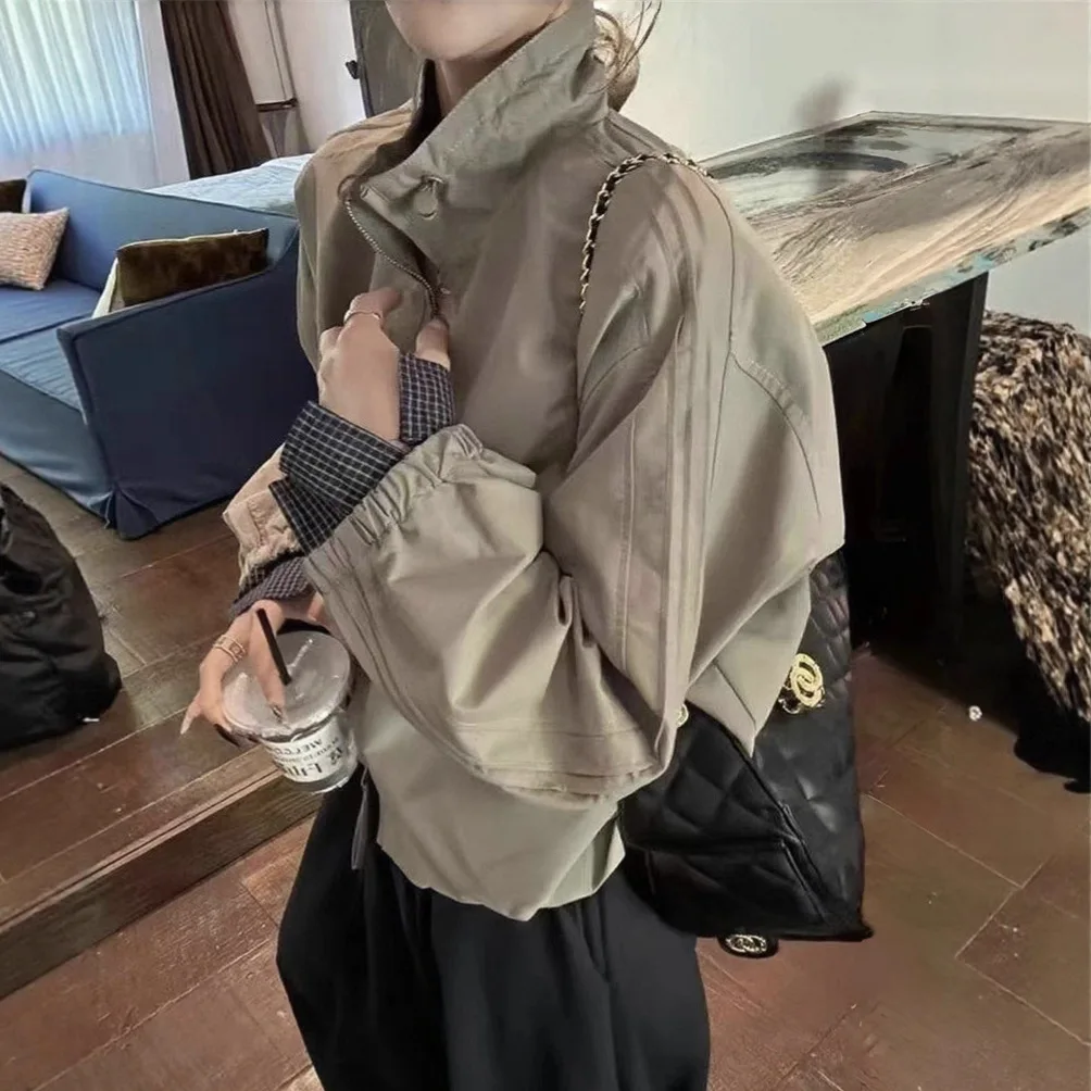 

2026 New Arrival Women's Retro Stand Collar Casual Jacket Petite Windbreaker Baseball Trench Coat for Spring