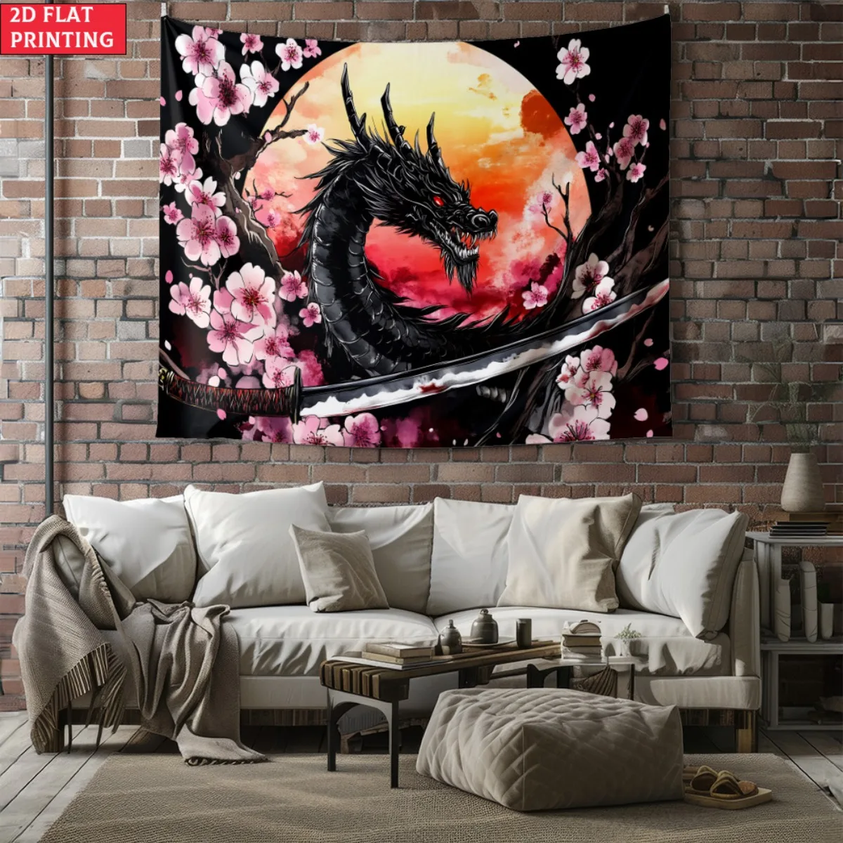 Japanese Dragon Cherry Blossom Tapestry Samurai Sword Moon Background Wall Art Asian Oriental Decor Living Room Bedroom Art