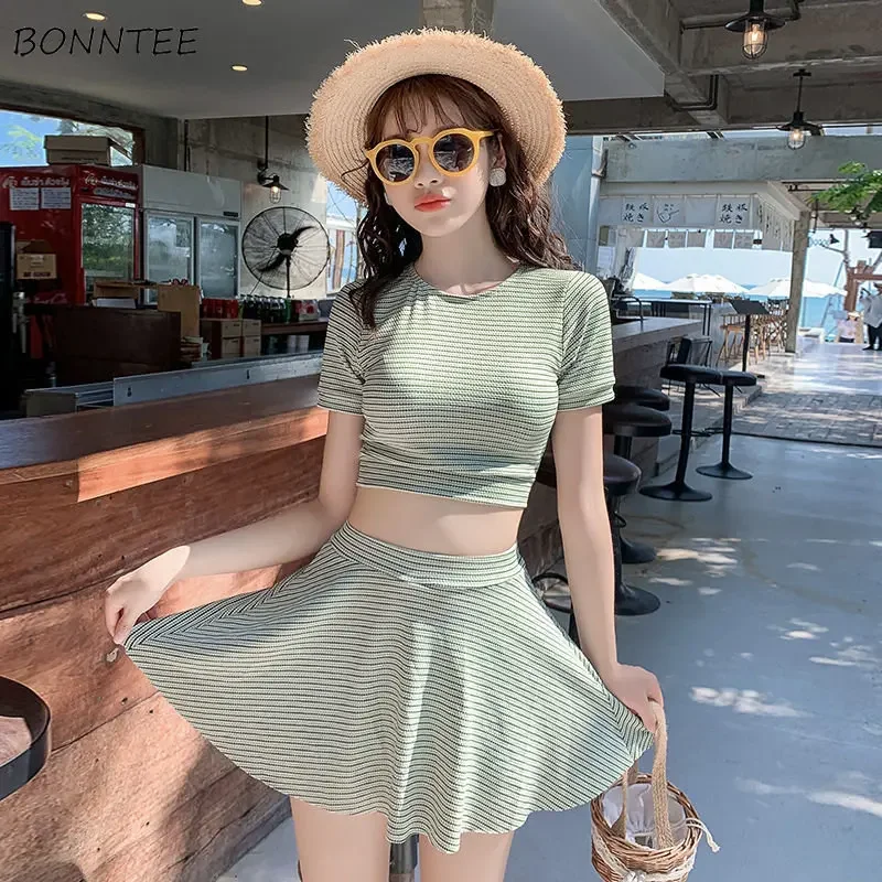 Bikini Setss Women Chic Striped Sweet Girls Beach Style Summer Casual Swimwear Vacation Comfortable Lace-up Simple Ulzzang Daily