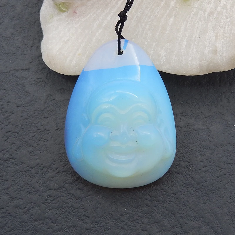 Carved Opalite Buddha Head Gemstone Pendant Bead Fashion Drilled Pendant Bead 42x31x13mm 20g