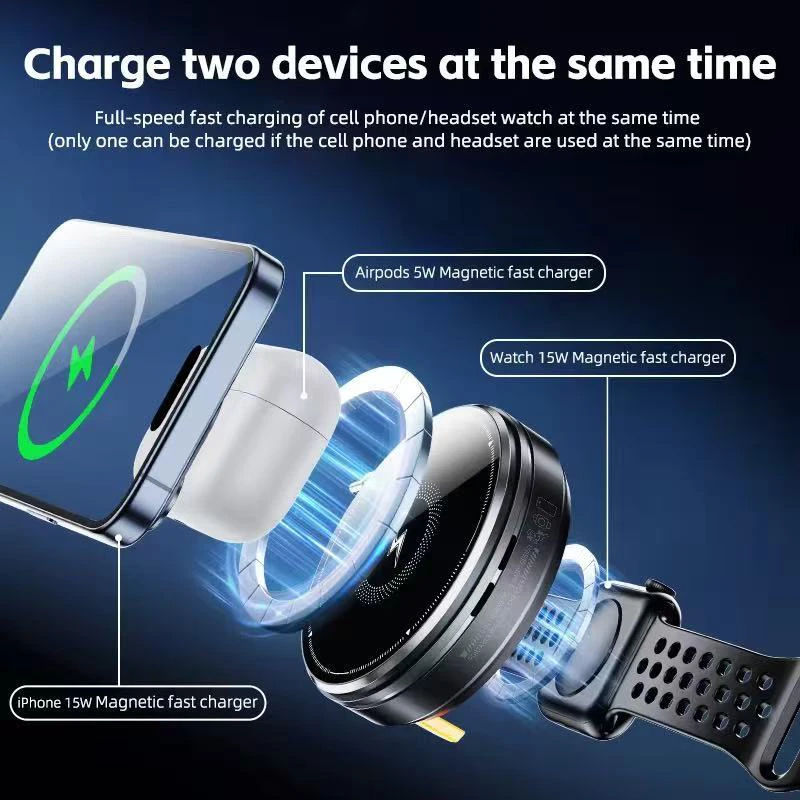 ワイヤレス充電器 金属亜鉛合金製 ポータブル 3in1 伸縮式ケーブル 磁気ワイヤレス充電 スマホ/時計/イヤホンスタンド