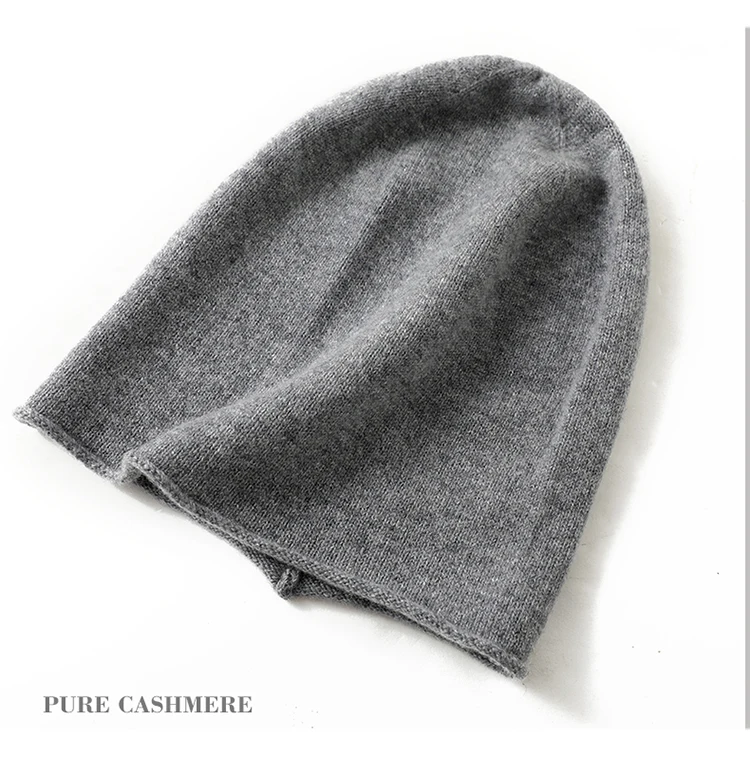 Damen-Mützen aus 100 % reinem Kaschmir, solide Kappen, gerollter Saum, lässig, Basic, weich, Herbst und Winter, echter Kaschmir, warme Schlafhaar-Mütze – Detail 11