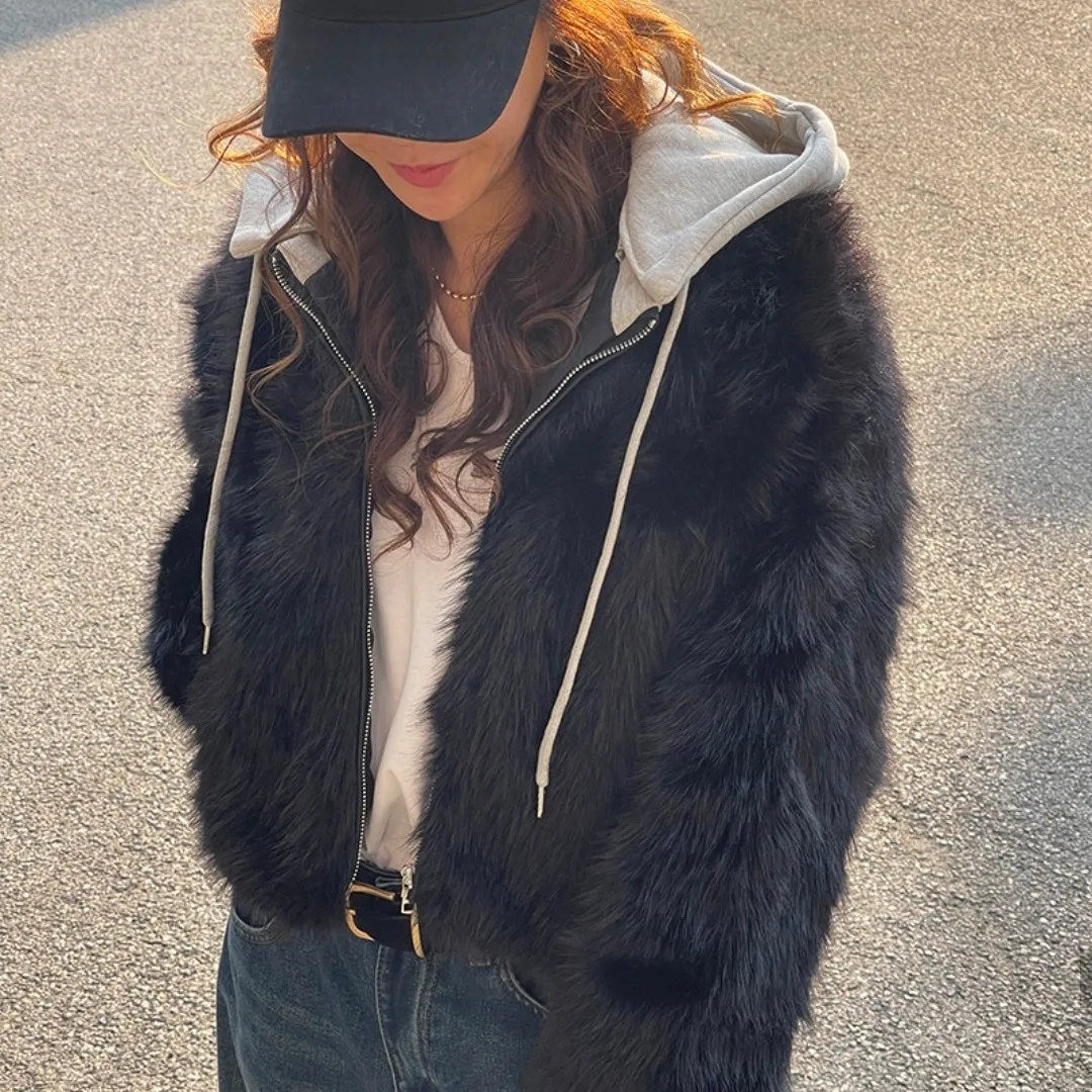 

Женская корейская шуба на осень-зиму, свободная толстовка с капюшоном, кардиган, топ, экологически чистая верхняя одежда Lazy Sle Faion