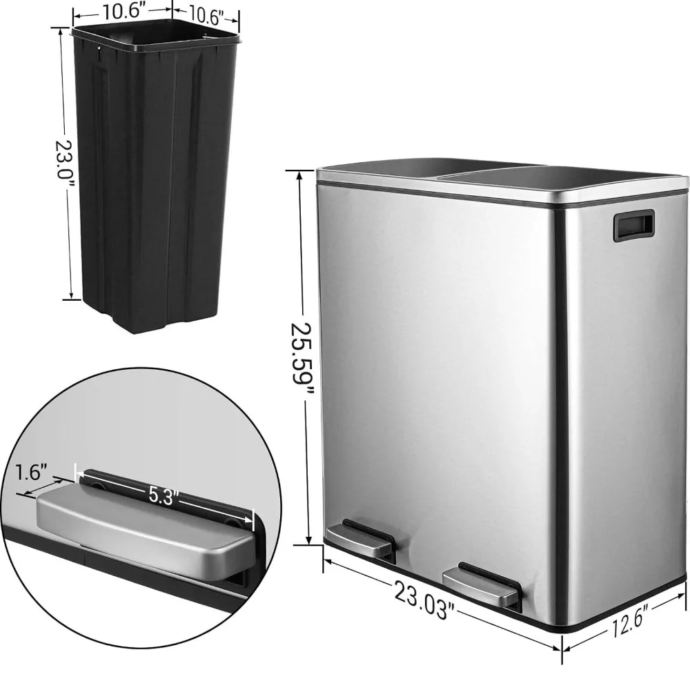 

60L(16 Gal) Dual Trash Can, Stainless Steel Kitchen Garbage Can, Double Compartment Classified Rubbish Bin, Recycle Dustbin