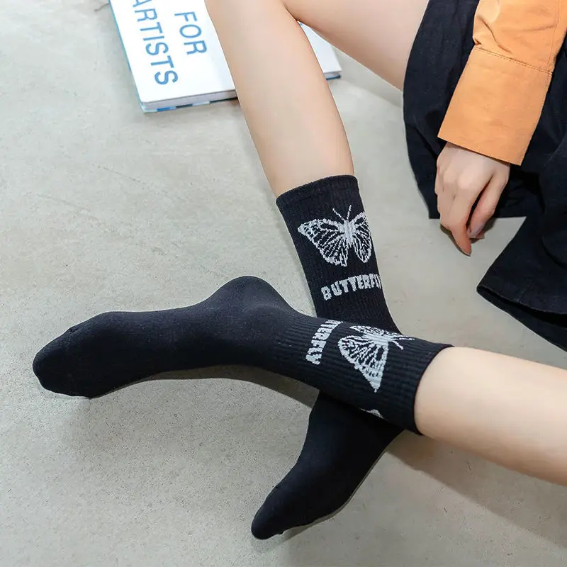 3 Pairs New Women Kawaii Cotton Butterfly Socks Female Lady Black White Harajuku Middle Tube Cartoon Socks For Women