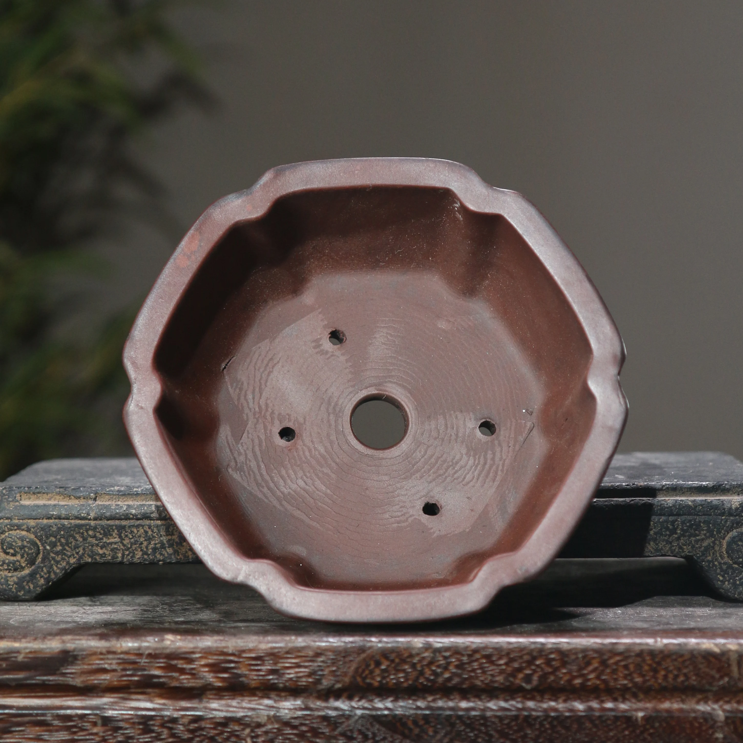 Chinese Ancient Style Purple Sand Flower Ceramic Bonsai Pot Six-Sided Flower Home Decorative Flower With Hole 1PCS