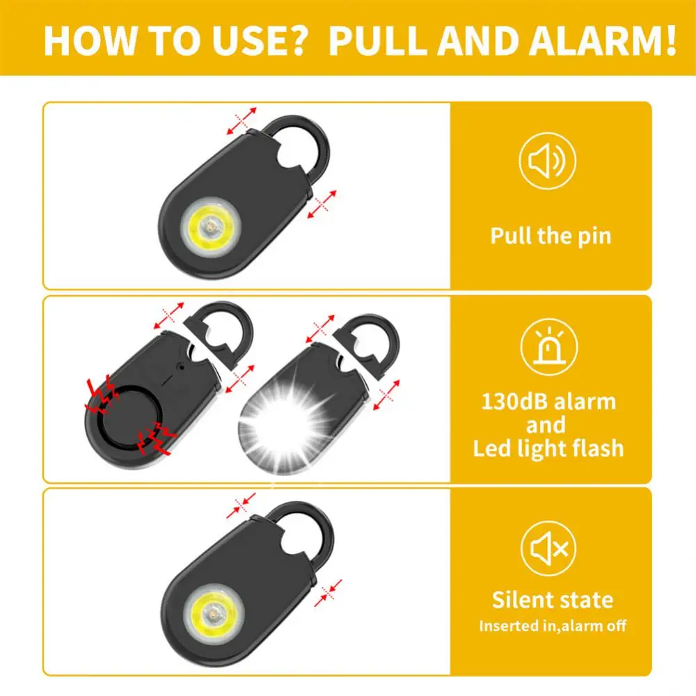 Super Bright LED Self Defense Alarm 130dB Safety Sound dispositivo Anti-lupo ragazza bambino donna Outdoor Distress Protect Defense Alarm