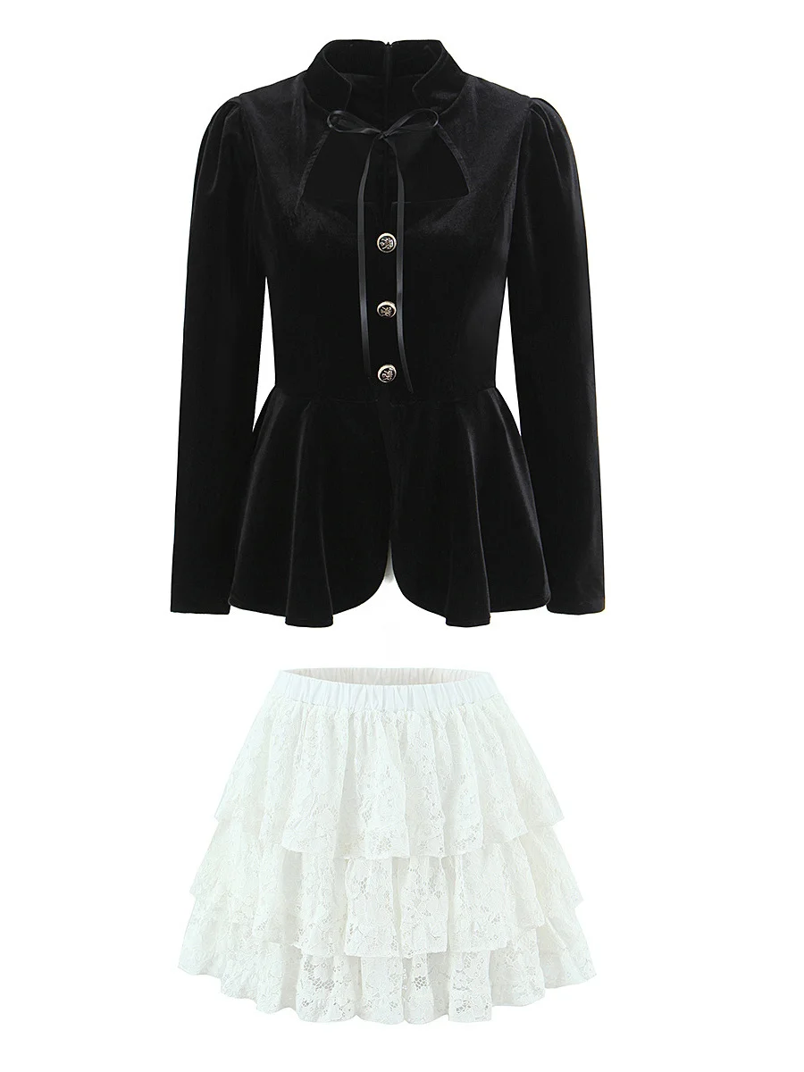 Elegant Velvet Long Sleeve Outerwear with Lace Puffy Skirt Set for Women High Waist Short Puffy Skirt Black And White Autumn ...