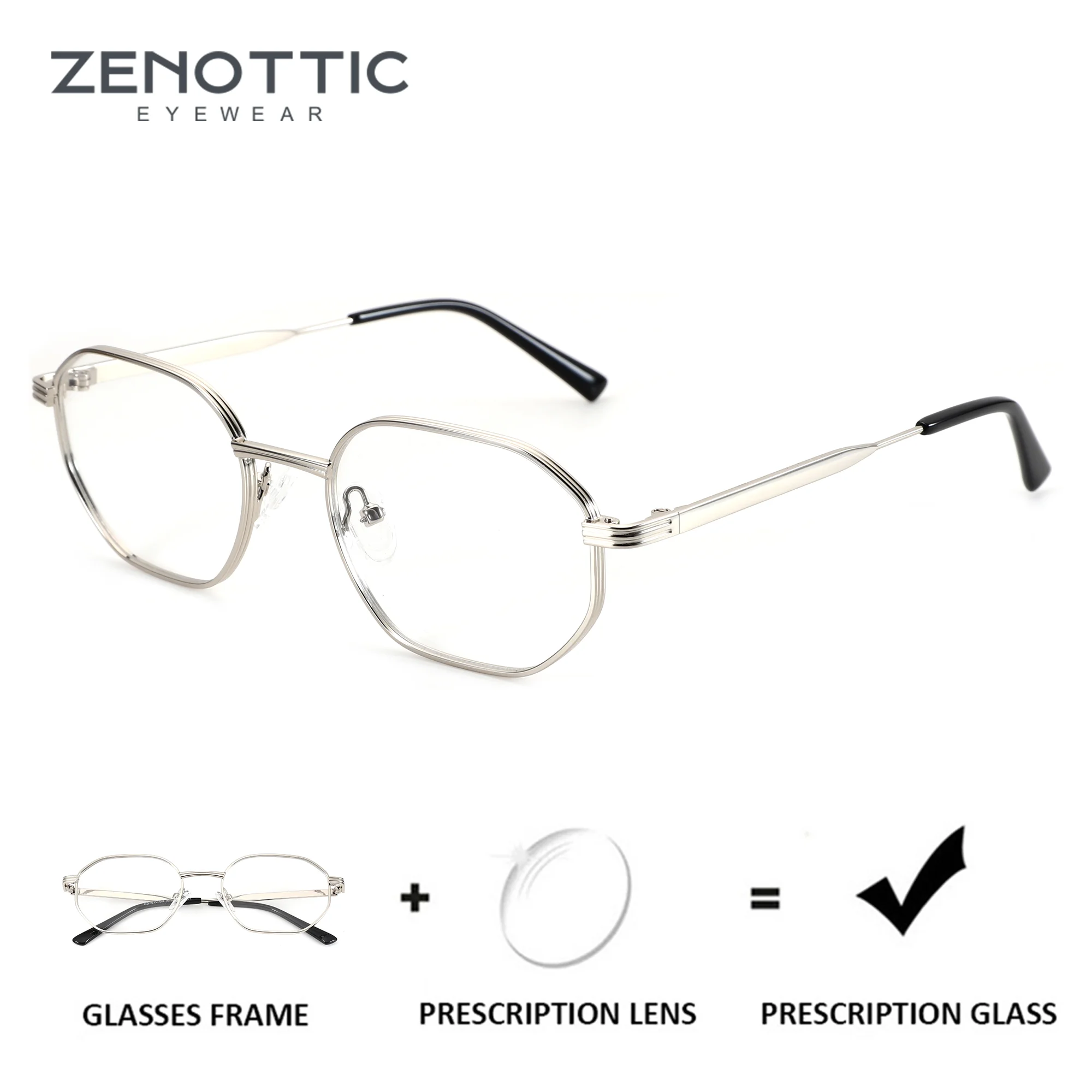 zenottic-金属多角形処方メガネ男性用グレード近視レンズ抗青色光フォトクロミック光学眼鏡