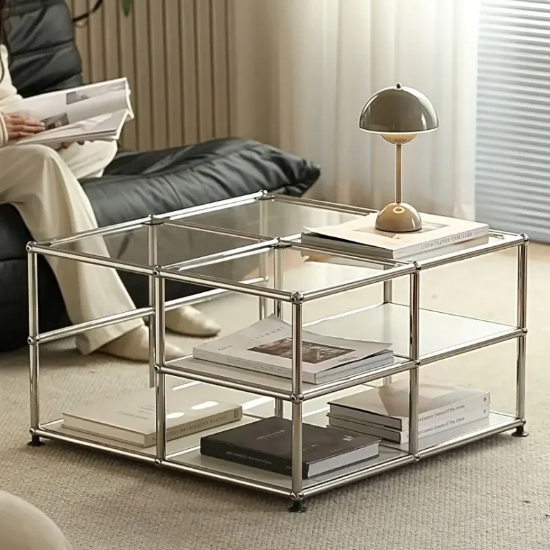 

Stainless steel glass modular double-layer coffee table, suitable for small modern minimalist art living room
