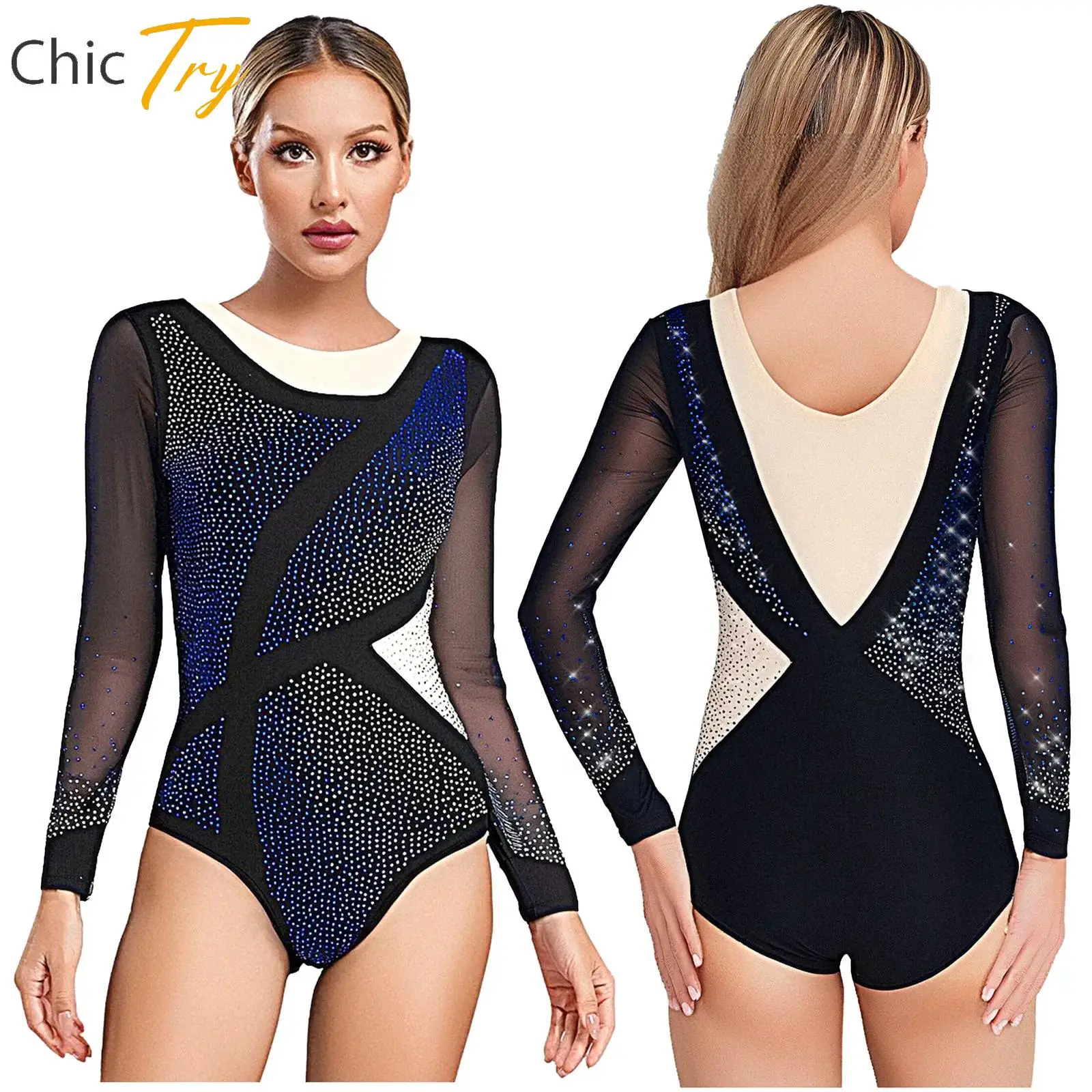 

Womens Ballet Leotards for Swimsuit Rhythmic Gymnastics Figure Skating Costume Long Sleeve Rhinestone Mesh Bodysuit Dancewear