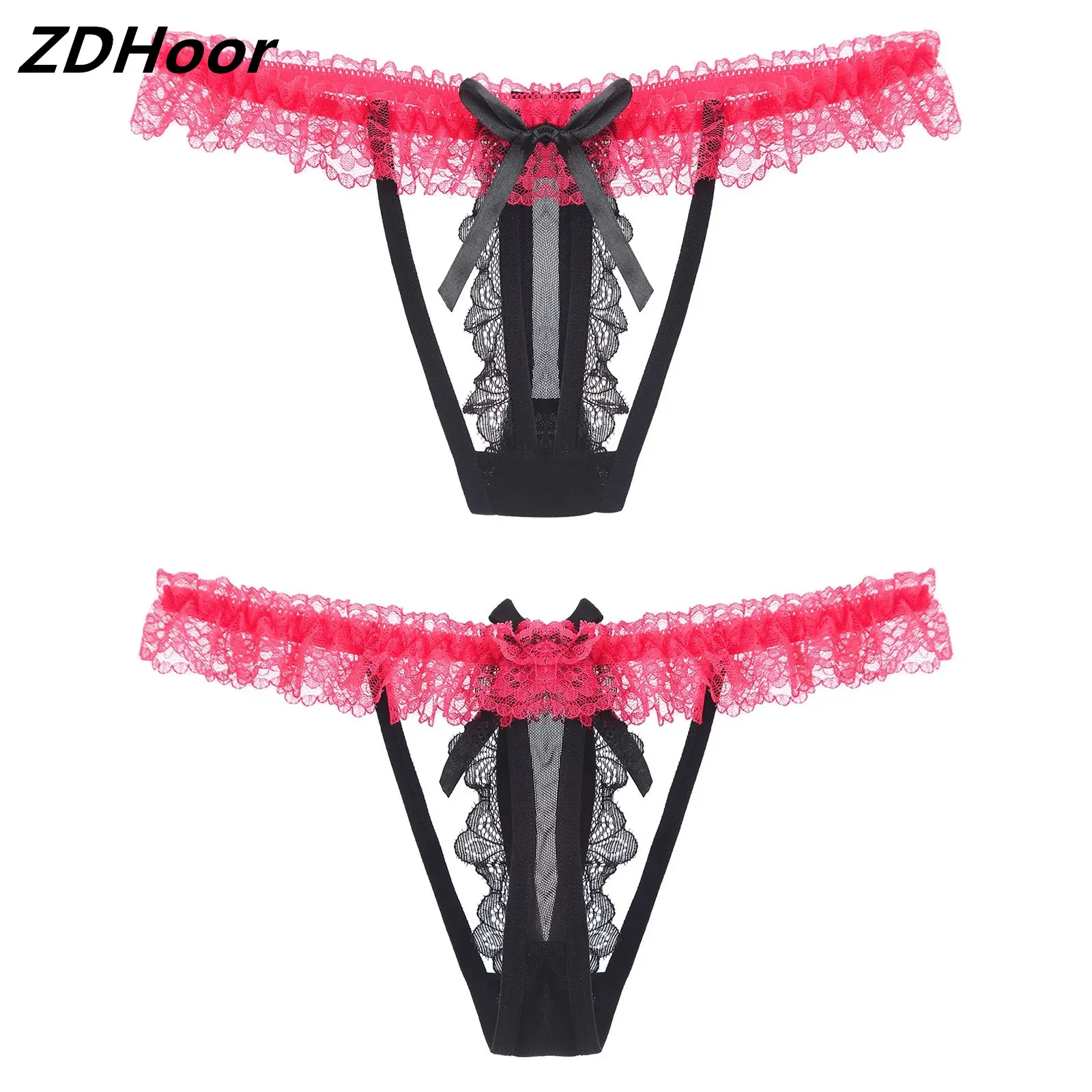 

Mens Low Rise Ruffle Lace Thong Underwear Bowknot Contrast T-Back Stretch G-String Sissy Underpants for Dating Night