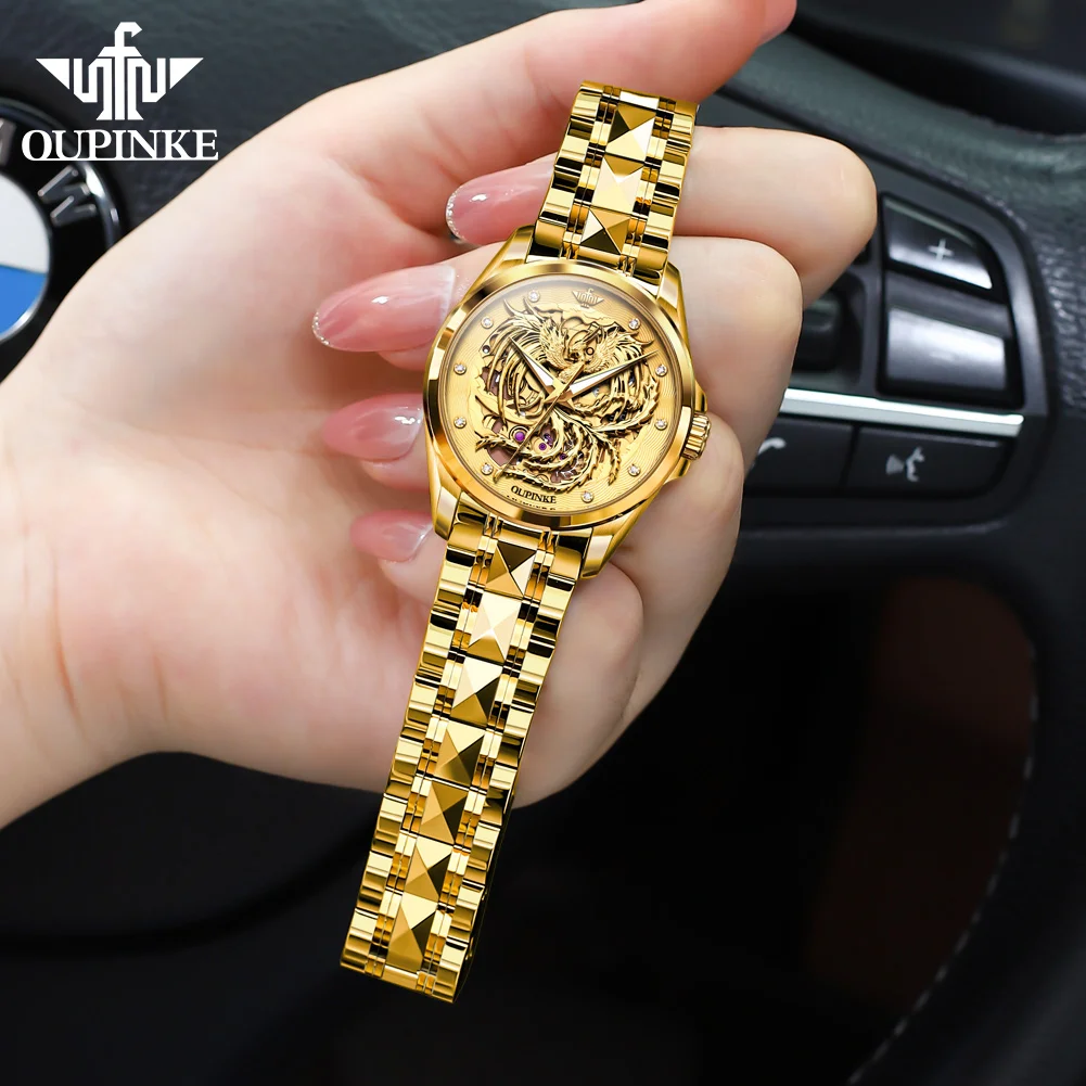 OUPINKE Women Watch Luxury Hollow Gold Phoenix Women Dress Watch Brand Original Japanese Automatic Mechanical Women Watch 3276