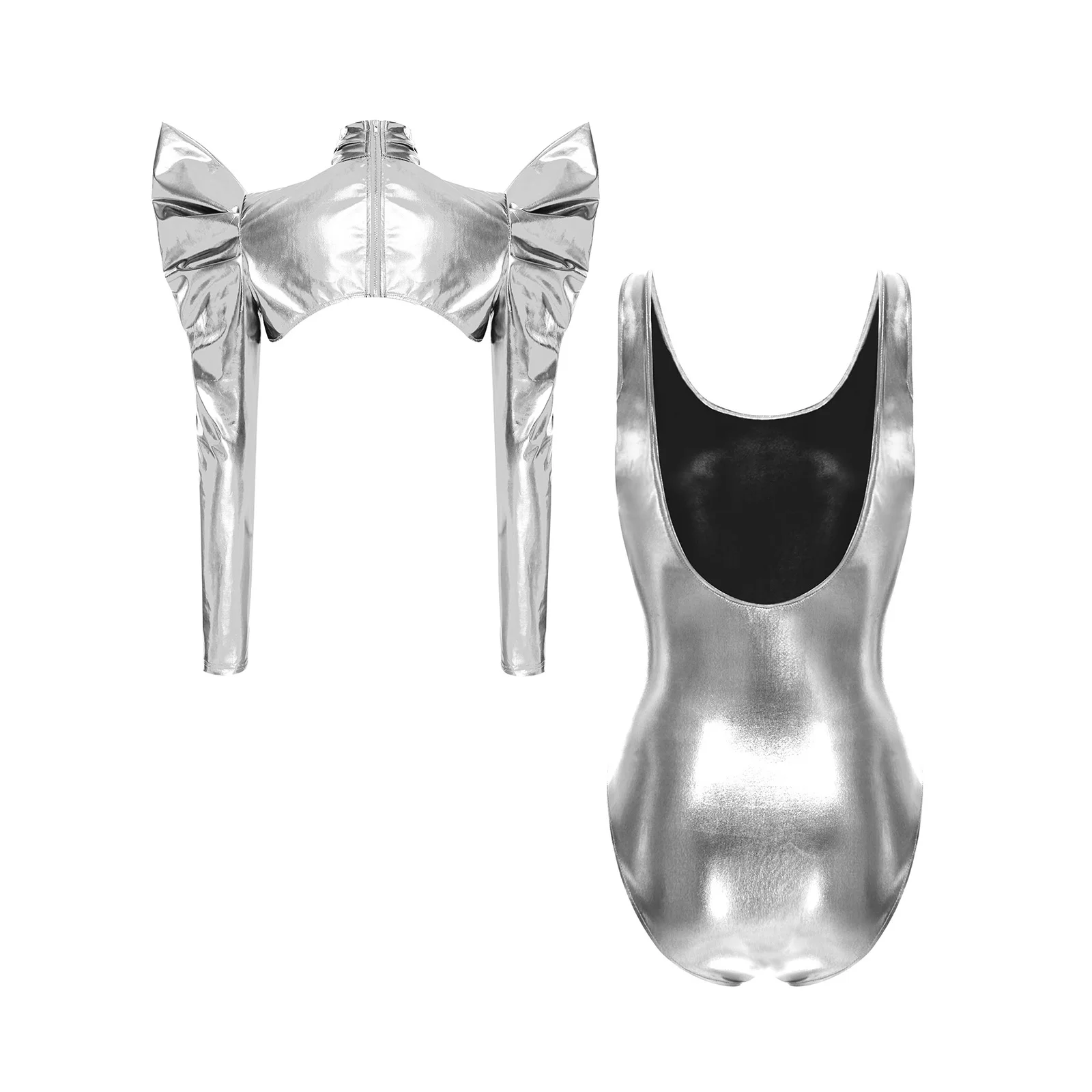 Metallic Shiny Bodysuit And Pauldron Armor Set for Women Sleeveless Low Back Leotard for Halloween Disco Pole Dancing Party