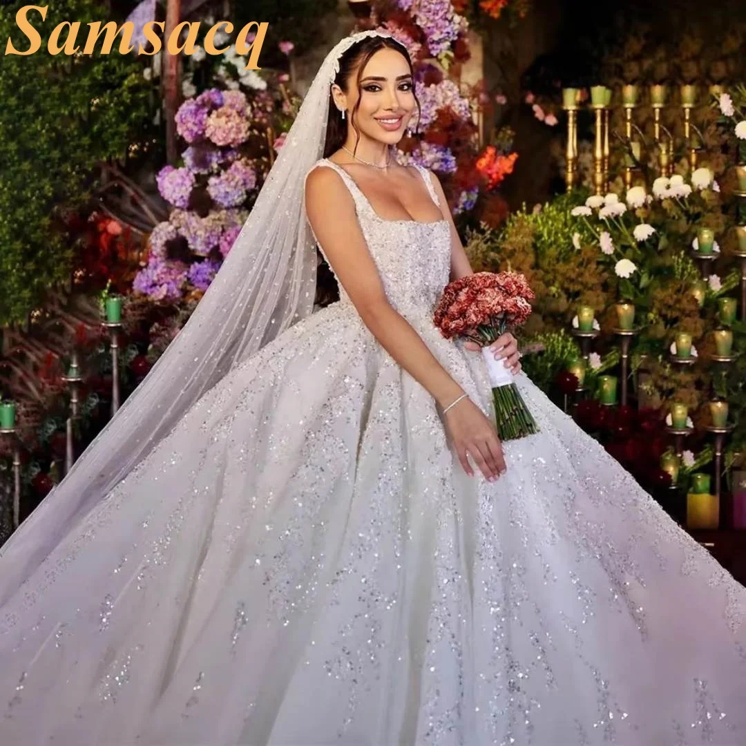 Elegant A-Line Lace Bead Embroidery Women's Wedding Dress Sexy Square Neck Backless Bridal Gown Vestido De Novia Customized