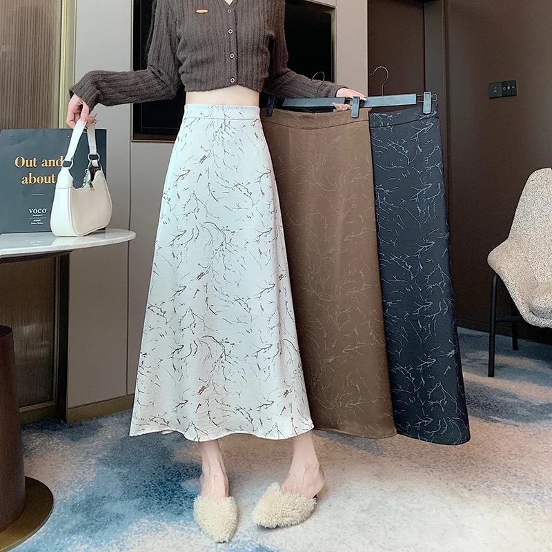 Retro Satin Silk Skirt Women Autumn New High Waist Ink Printing Slim Midi Long Skirt Goth Harajuku Streetwear