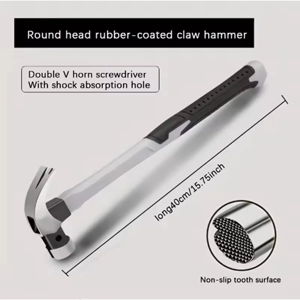Airaj Claw Hammer Stainless Steel Long Handle Double Nail Groove Hammer Labor-Saving Anti-Skid Multifunctional Manual Tool