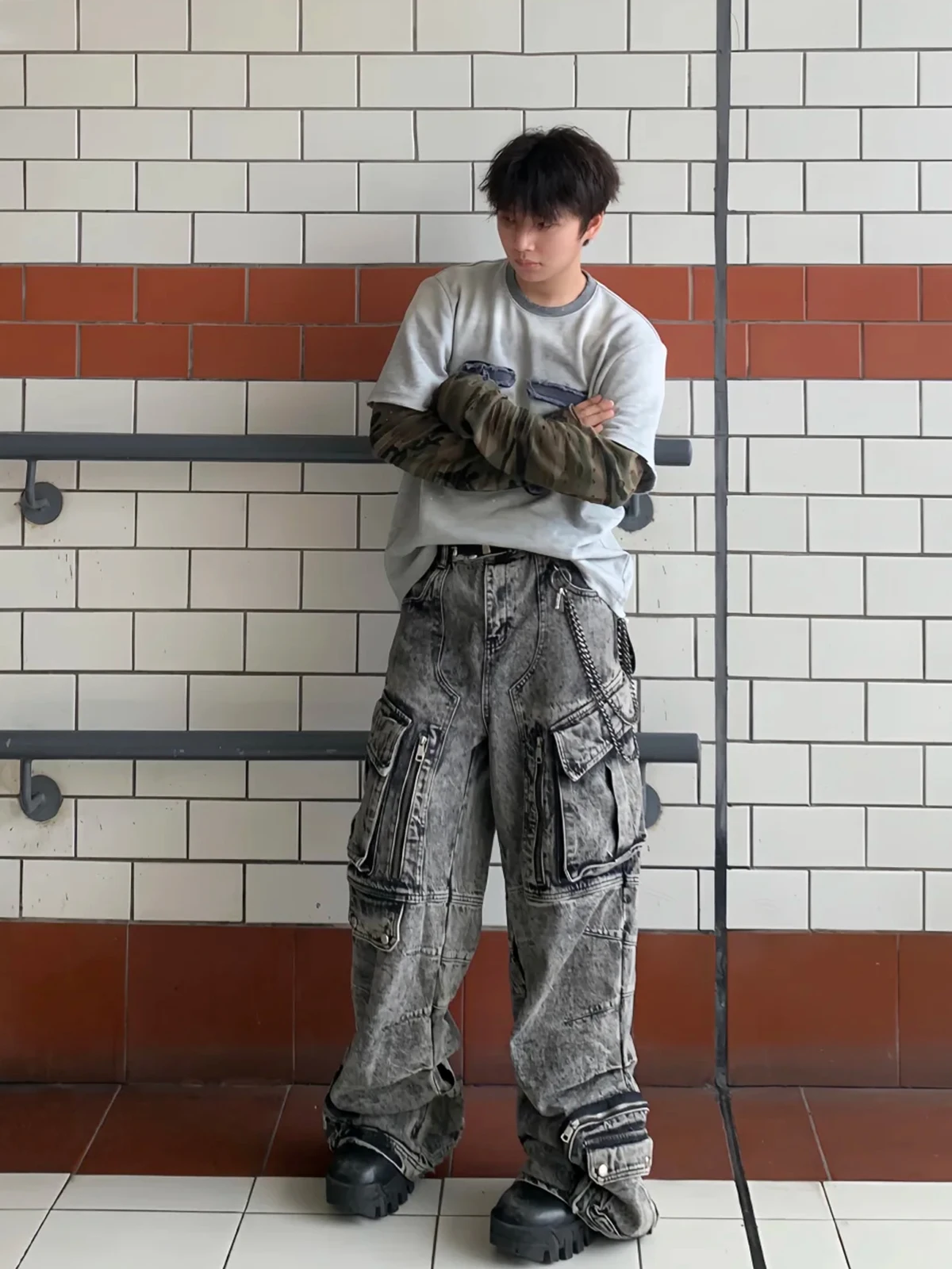 بنطلون جينز واسع الساق بأسلوب ملابس العمل للرجال، موضة الشارع الأمريكية، بنطلون كارجو مغسول متعدد الجيوب، بنطلون طويل شعبي لل...