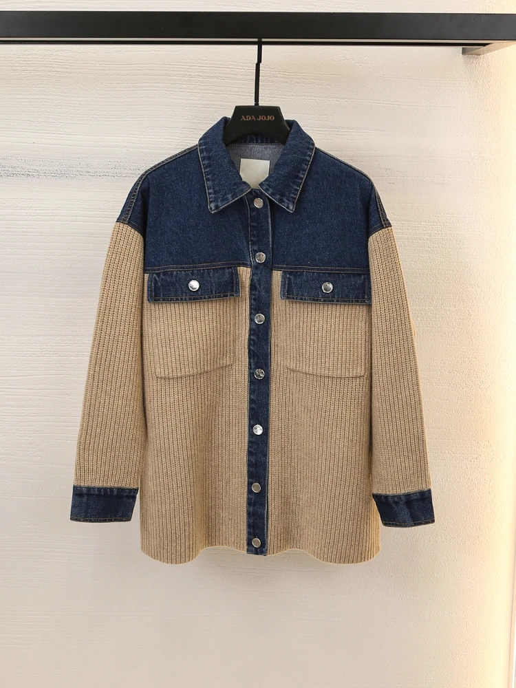 Fashion Commuter Sweater Coat Women\'s New Autumn Winter French Color Contrast Denim Knitted Stitching Lapel Shirt Loose Jacket