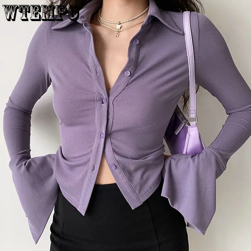 Purple Flare Sleeve Shirt Polo Lapel Women\'s Short Top Slim Sexy Thin Cardigan High Waist Navel Expose Korean Fashion Hottie